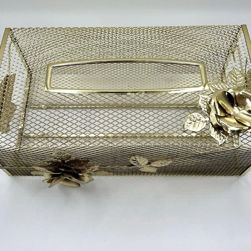 Vintage Gold Tone Metal Rose Tissue Box Cover Hollywood Regency Mesh Vanity MCM